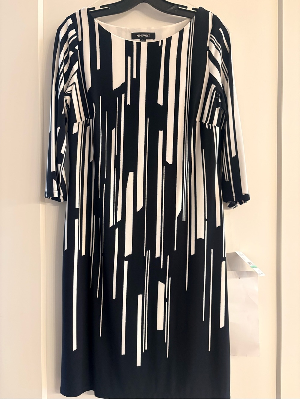 Nine West Black and White  3/4 sleeve Vertical Stripe Midi Dress